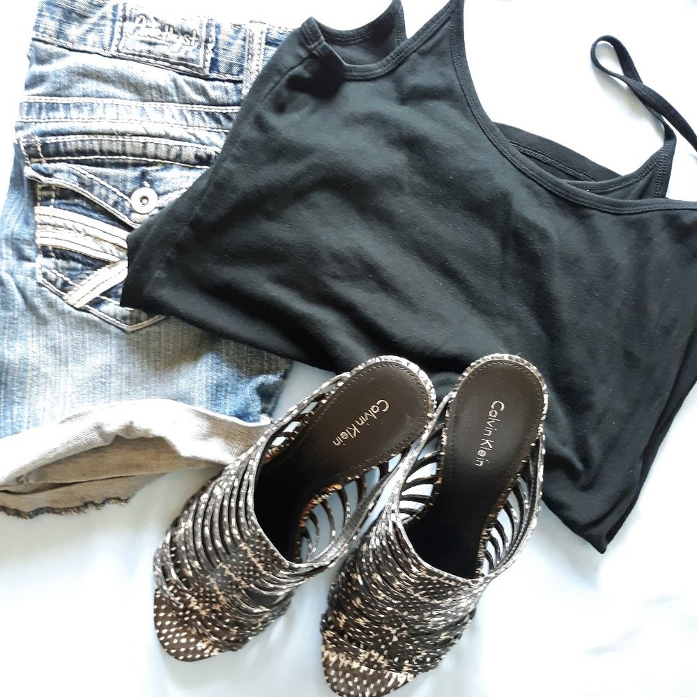 Calvin Klein Black Creme Snakeskin Wedge Heels